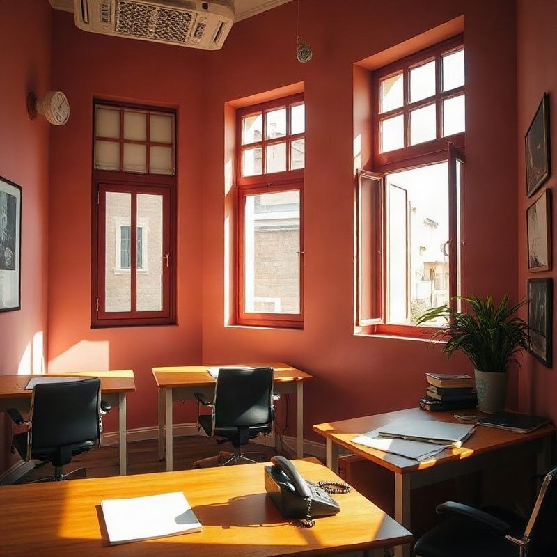 Interior de la pequeña oficina de la redacción de Postachronicle en Salto, con paredes en tonos cálidos