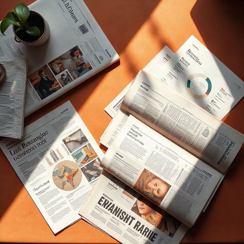 Diarios y reportes económicos impresos dispuestos sobre un escritorio en tonos cálidos
