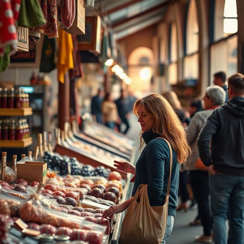 Compradora examinando precios en un puesto de mercado local en el interior de Salto con luz cálida