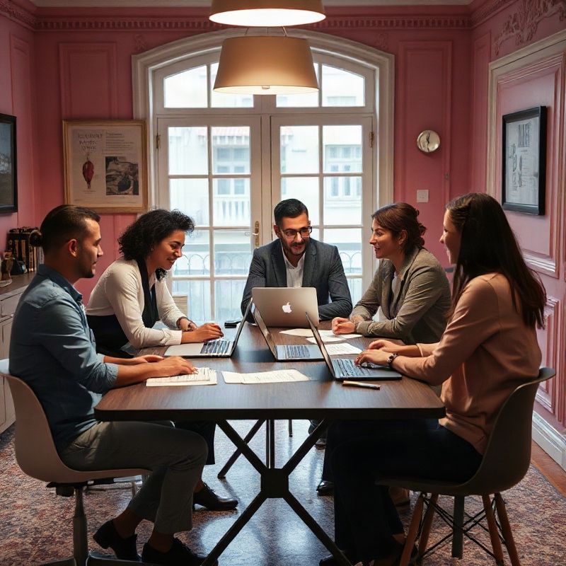 Equipo editorial de Postachronicle reunido alrededor de una mesa con datos impresos en la redacción de Salto